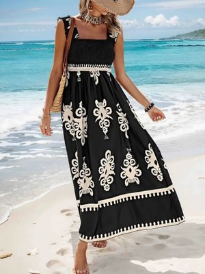 Hanzone Kadın Askılı Kare Yaka Gipe Detaylı Desenli Suprem Elbise