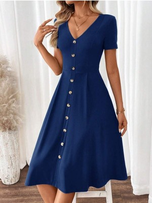 Hanzone Kadın Kısa Kollu V Yakalı Önden Düğmeli A Kesim Dokuma Elbise