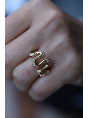 14 Ayar Altın Taş Detaylı Dalga Tasarım Yüzük