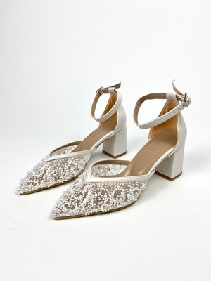 Dantelli Incili 6cm Kalın Topuklu Ayakkabı-Nişan ve GELINLIKAYAKKABISI01328