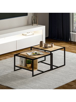 İnarch Dizayn Batı 2’li Modern Orta Sehpa Takımı – Metal Ayaklı, Alt Raflı, Safir Meşe