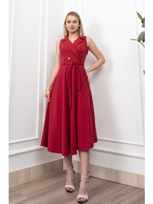 Beli Kuşaklı Yakalı ve Taş Detaylı Uzun Elbise 50338