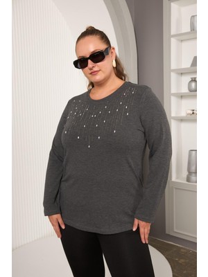 Büyük Beden Önü Taş Detay Bluz Antrasit
