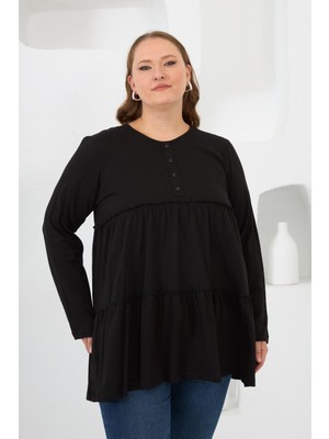 Düğme Detaylı Fırfırlı Büyük Beden Tunik Siyah