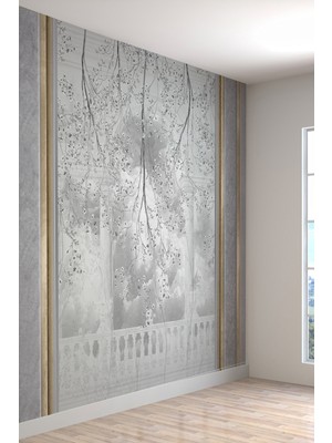 Klasik Balkon Manzaralı Çiçek Desenli Tekstil Duvar Kağıdı