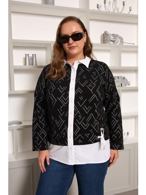 Poplin Garnili Büyük Beden Siyah Hırka