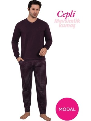 Erkek Bisiklet Yaka Düğmesiz Ekose Desen Modal Mevsimlik Uzun Kol Manşetli Cepli Pijama Takımı