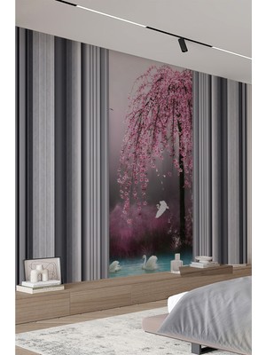 Sakura Ağacı ve Kuğulu Manzara Tekstil Duvar Kağıdı