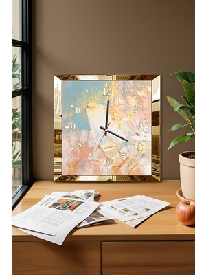 Gold Çerçeveli Pastel Rüyalar Temalı Dekoratif Mdf Duvar Saati