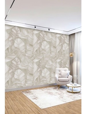Tropikal Yaprak Desenli Bej Modern Duvar Kağıdı