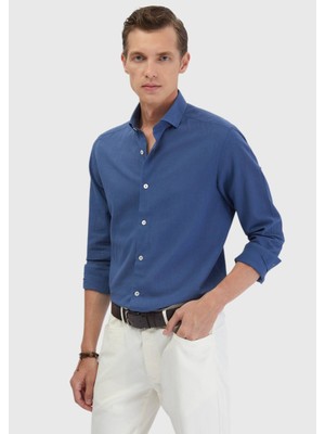 Indigo Düz Casual Fit Dokuma Casual %100 Pamuk Gömlek