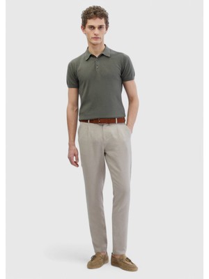 Bej Düz Dokuma Jogging Fit Casual %100 Keten Pantolon