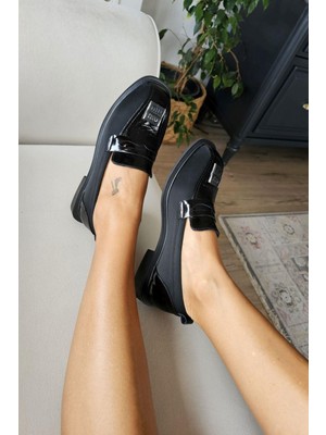 Ops 022 3036 Topukla Kadın Düz Taban Siyah Hakiki Deri Streç Ayakkabı