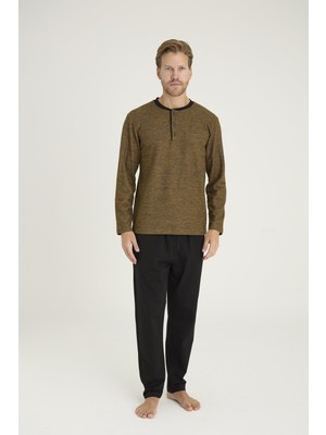 Erkek Taba Renk Uzun Kollu Düğmeli Yaka Düz Paça Pijama Takımı C8T6N08