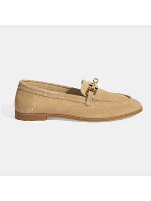 Kadın Bej Kilit Aksesuarlı Slip-On Süet Loafer