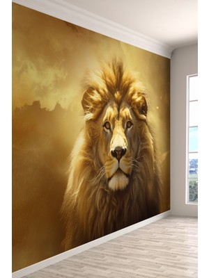 Aslanın Asaleti Altın Işıltılı Tekstil Duvar Kağıdı