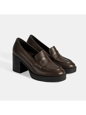 Kadın Kahve Kalın Topuklu Deri Loafer