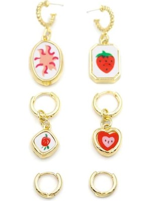 3'lü Çilek Set Küpe - Altın