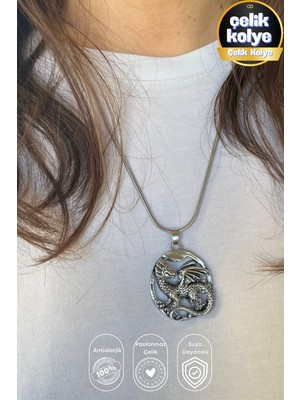 Balzamin Paslanmaz Çelik Madalyon Çift Taraflı Ejderha Gümüş Rengi Parlak Kararmaz Çelik Kolye Unisex Kolye