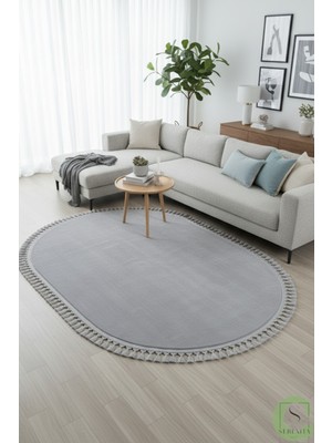 Post/peluş Yıkanabilir Kaymaz Taban Yumşacık Açık Gri Örgü Oval Saçaklı Modern ve Şık Salon Oturma Odası Mutfak Çocuk Odası Koridor Antre Halısı