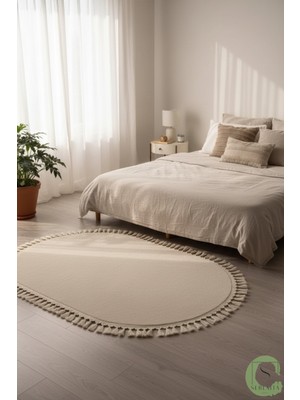 Post/peluş Yıkanabilir Kaymaz Taban Yumşacık Krem/ekru Oval Örgü Saçaklı Modern ve Şık Salon Oturma Odası Mutfak Çocuk Odası Koridor Antre Halısı