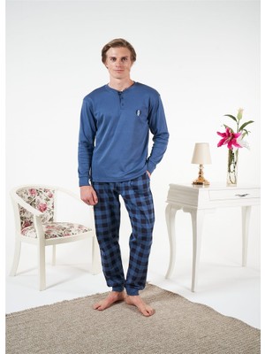 Estiva Penye Interlok Kareli Uzun Kol Erkek Pijama Takım
