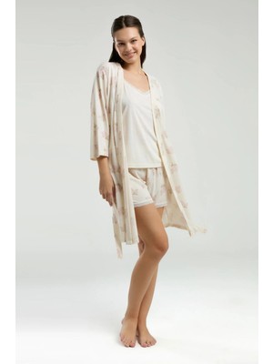 Pierre Cardin 9008 Kadın Sabahlıklı Ip Askılı Şortlu Pijama Takım-Krem