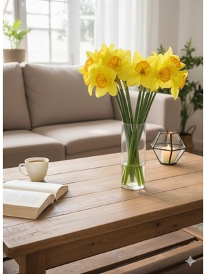 Yapay Nergiz Sarı 3 Kafalı 12 Çiçekli 50 cm Boyunda Ev Dekor Süs Vazo Dekor Çiçeği