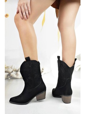 Kadın Doly Siyah Süet Nakışlı 5 cm Topuklu Kovboy Bot