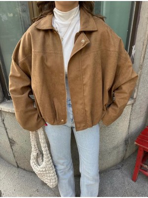 Süet Fermuarlı Düşük Omuz Bomber Ceket