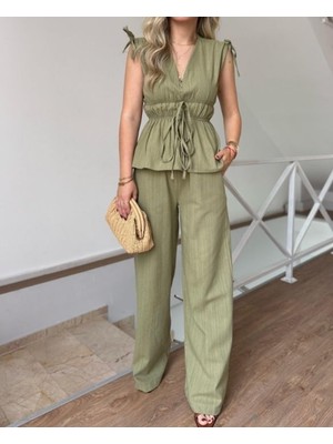 Haki Lastik Detaylı Bluz Pantolon Keten Takım