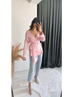 Velva Pembe Bağlamalı Tasarım Gömlek