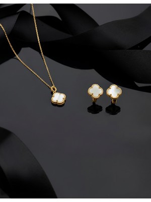 925 Ayar Beyaz Sedef Taşlı Gold Yonca Kolye Küpe 2'li Gümüş Set-Takım (Ayarlanabilir)