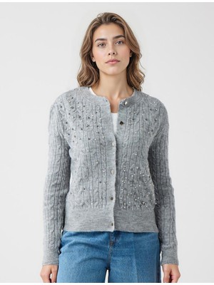 Jimmy Key Gri Yuvarlak Yaka Taş Detaylı Yün Karışımlı Triko Hırka