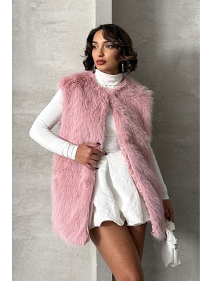 Pudra Tüylü Uzun Kürk Şık Premium Luxury Trend Özel Tasarım Kadın Yelek