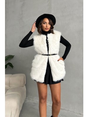 Beyaz Tüylü Uzun Kürk Şık Premium Luxury Trend Özel Tasarım Kadın Yelek