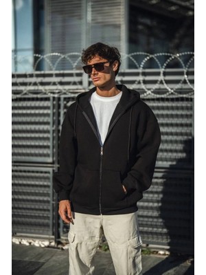 Oversize Tam Fermuarlı Uzun Kol Hırka Siyah-Haki Rahatlıkve Konfor Sunar