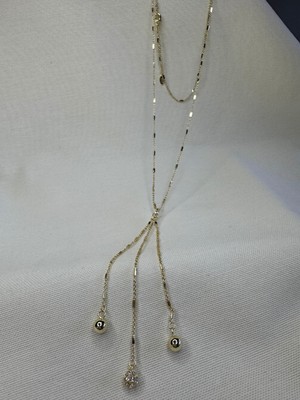 Uzun Zincir Taşlı Topçuk Sallantılı Kolye