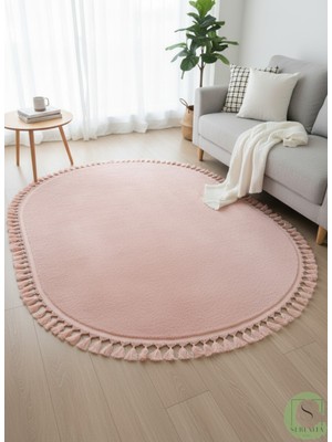 Post/peluş Yıkanabilir Kaymaz Taban Yumşacık Pembe Oval Örgü Saçaklı Modern ve Şık Salon Oturma Odası Mutfak Çocuk Odası Koridor Antre Halısı