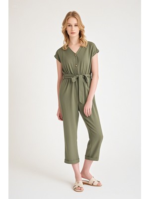 Keten Kadın V Yaka Tek Sıra Düğmeli Kolsuz Tulum