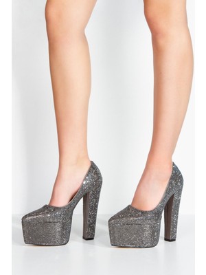 Platin Full Taşlı Klasik Sivri Kalın Topuklu Sivri Platformlu Kadın Abiye Ayakkabı 25034TE