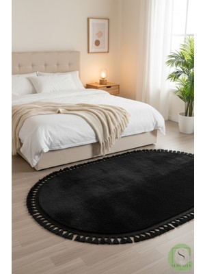 Post/peluş Yıkanabilir Kaymaz Taban Yumşacık Siyah Oval Örgü Saçaklı Modern ve Şık Salon Oturma Odası Mutfak Çocuk Odası Koridor Antre Halısı