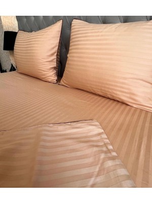 Krem Çizgili Pamuk-Saten Lastikli Çarşaf