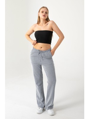 Kadın Beli Lastikli Çift Cepli Çizgili Pantolon Mavi - 26K 2539