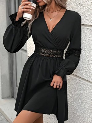 Gökyüzü Moda Kadın Uzun Kollu Kruvaze Yakalı Dantelli Fermuar Detaylı Kısa Ithal Krep Elbise