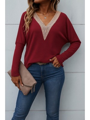 Gökyüzü Moda Kadın Uzun Kollu V Yakalı Yarasa Kollu Viskon Bluz