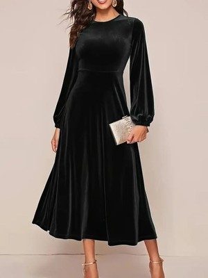 Arben Boutique Kadın Uzun Kollu Bisiklet Yaka Midi Kadife Elbise