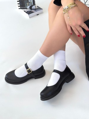 Ortopedik Topuk Dikenine Karşı Özel Üretim Kemerli Oxford Babet Ayakkabı Cilt Siyah Topuk Boyu 2,5 cm