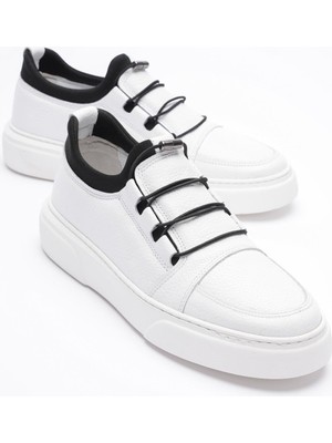 Erkek Hakiki Deri Lastik Detaylı Streçli Sneaker Beyaz Enzo