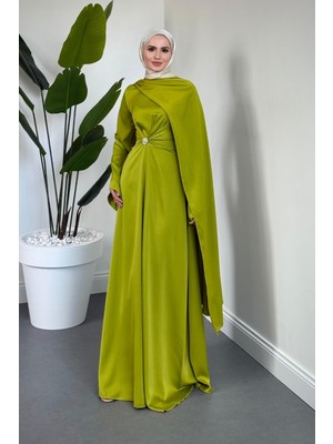 Wave Broşlu Pelerinli Saten Abiye Yağ Yeşili